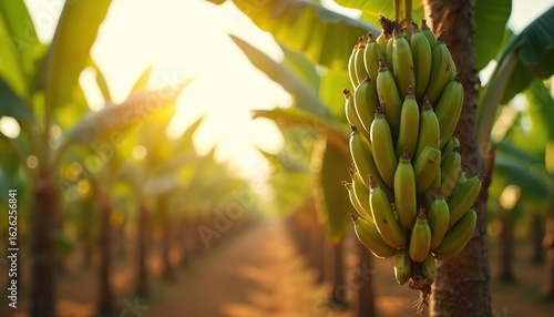 Green unripe bananas hang on tree in plantation field under soft sunlight. Rows of banana plants stretch into distance. Tropical fruit farm, healthy eating concept, nature, outdoors.