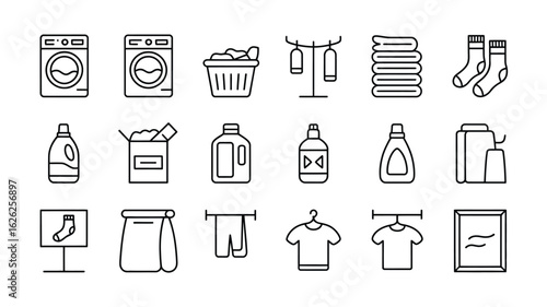 Laundry Day Line Icons Collection Washing Machine Clothes Dryer Detergent Soap Powder Basket Socks Towels Drying Rack Hangers T Shirt