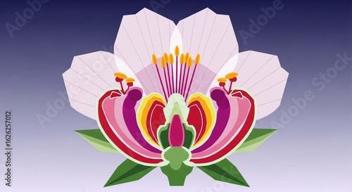 A stylized, symmetrical illustration of a colorful flower showing its detailed anatomy, including petals, stamen, and pistil.
