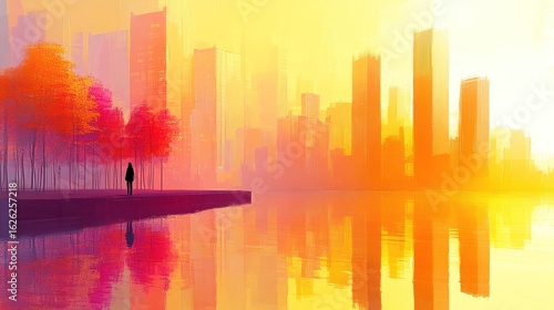 Urban park sunrise scene, vibrant colors