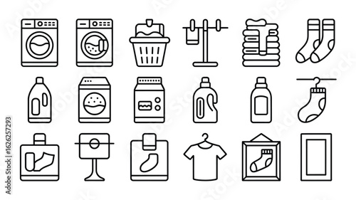Laundry Day Line Icons Collection Washing Machine Detergent Clothesline Socks Basket Dryer Fabric Softener T Shirt