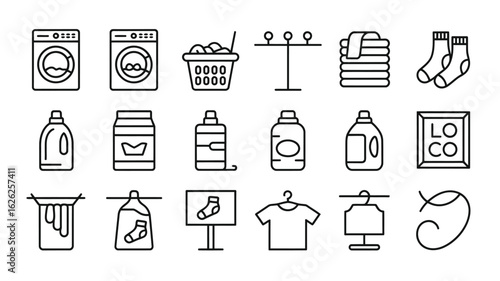 Laundry Day Line Icons Collection Washing Machine Detergent Clothesline Socks Basket Fabric Softener Laundry Symbols