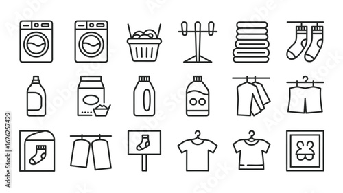 Laundry Day Line Icons Collection Washing Machine Detergent Clothesline Socks Drying Rack Laundry Basket Fabric Softener Powder Clothes Hanger