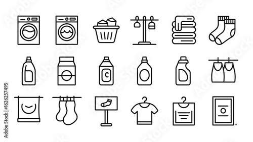 Laundry Day Line Icons Collection Washing Machine Detergent Clothesline Socks Laundry Basket Fabric Softener Cleaning Products Household Items