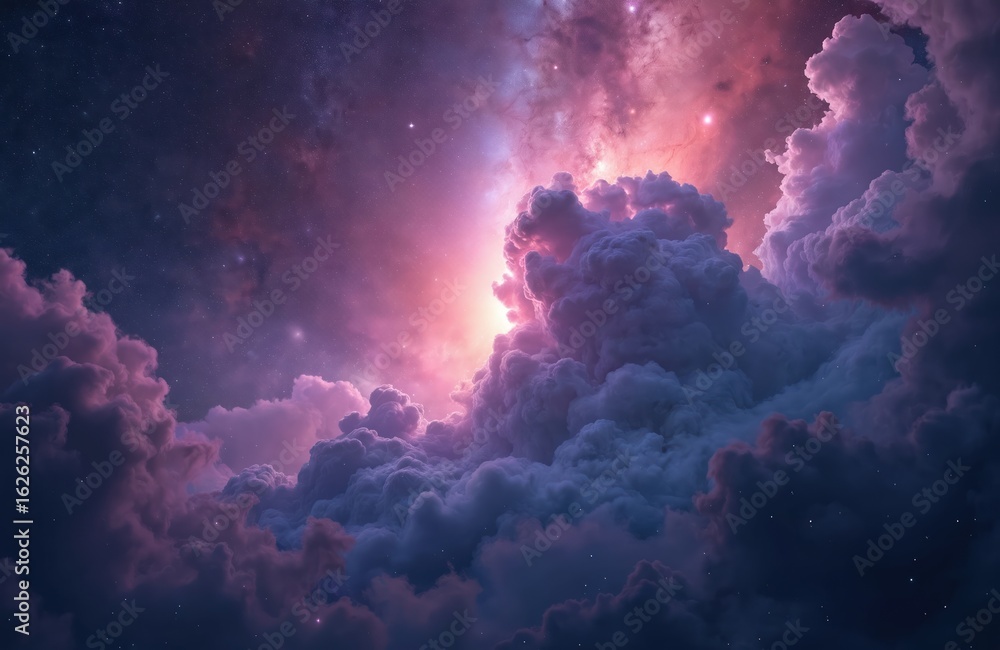 Fototapeta premium Vibrant cosmic clouds with stars fill frame, displaying dazzling mix of pink, purple, blue hues. Celestial scene captures immense beauty of space, with glowing nebulae, distant stars creating sense