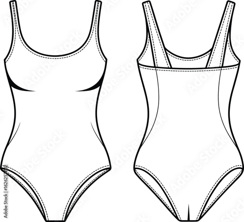 One piece swimsuit fashion flat sketch, technical vector drawing, front and back view, apparel design template, CAD fashion illustration
