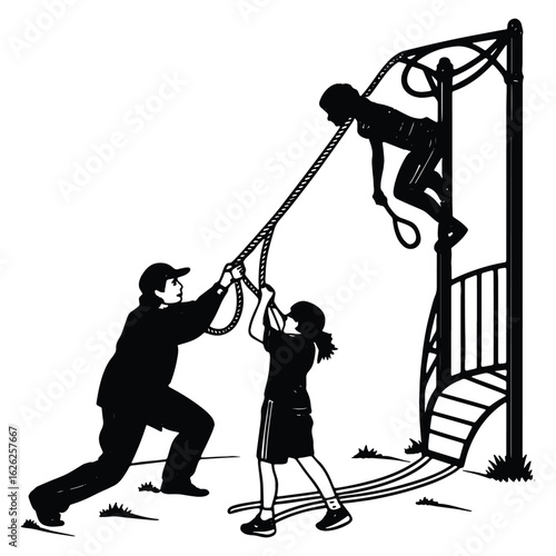 Children enjoying outdoor play climbing a rope swing on a playground illustration