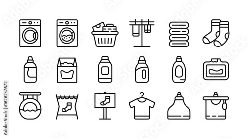Laundry Day Line Icons Collection Washing Machine Detergent Clothesline Socks Laundry Basket Fabric Softener Cleaning Products Drying Rack