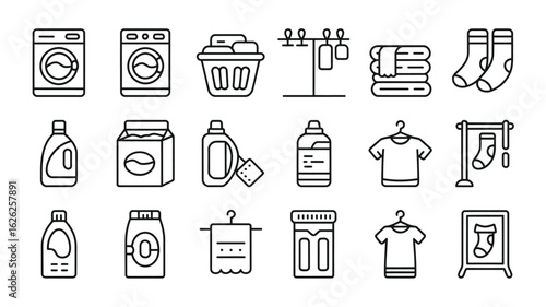Laundry Day Line Icons Collection Washing Machine Detergent Powder Clothesline Socks Drying Rack Hanger T Shirt Laundry Basket