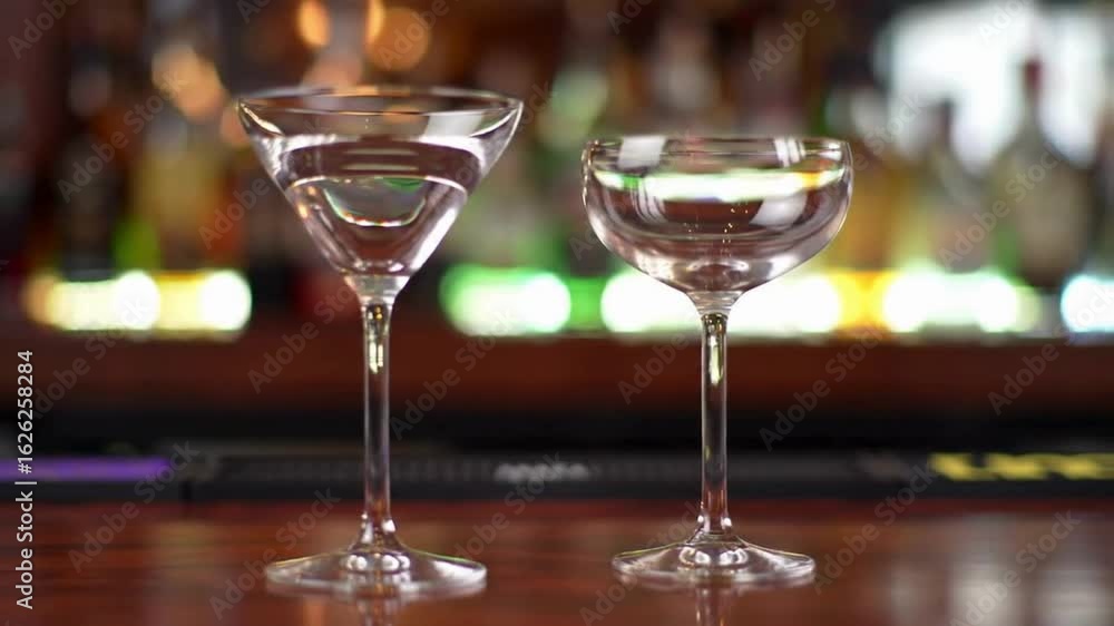 Two cocktail glasses are placed on the bar in a bar with mixed-light bar bokeh background Two cocktail glasses are placed on the bar in a bar with mixed-light bar bokeh background