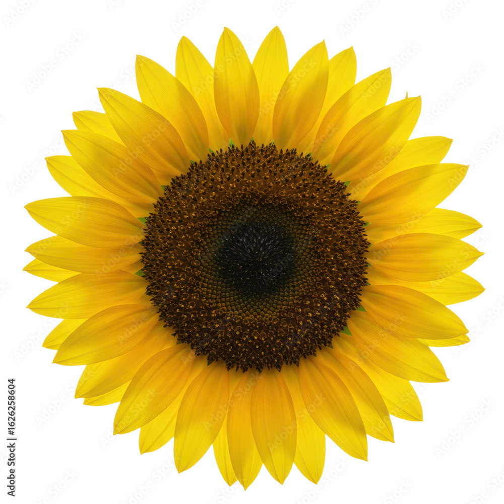 Fototapeta premium A single, vibrant sunflower with radiant yellow petals and a detailed dark brown center, isolated on a transparent studio background with no shadows, concept of natural energy and growth