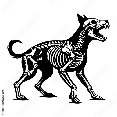 Silhouette Halloween angry dog with roentgen skeleton bones, fairy tale creepy character.