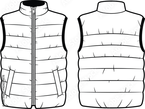 Puffer vest flat sketch, front and back technical drawing, sleeveless padded jacket design, winter outerwear vector, fashion apparel template