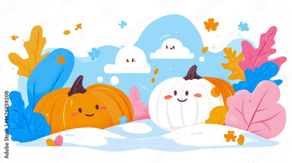 Naklejka premium Whimsical illustration of two friendly pumpkins, one orange and one white, resting on a soft snowy landscape adorned with vibrant autumn leaves and cheerful cloud characters