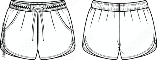 Running shorts technical flat sketch, vector fashion illustration with drawstring waistband and side seam detail, front and back view