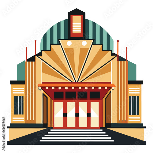 An art deco theatre with a grand marquee and geometric patterns, a classic and glamorous building.