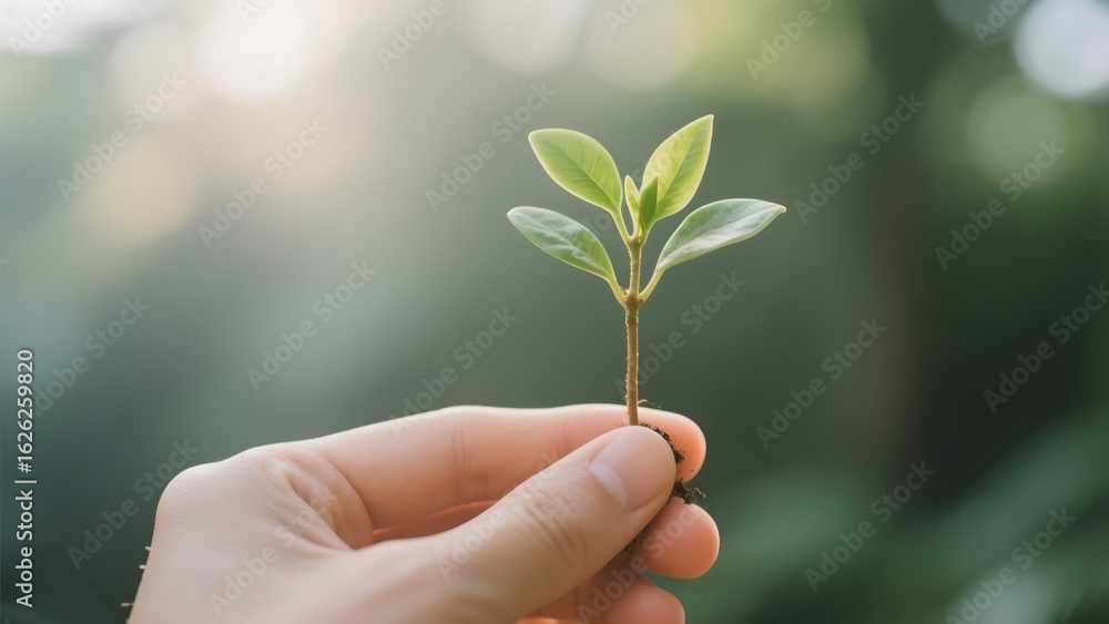 Hand holding a small green plant against a blurred natural background Hand holding a small green plant against a blurred natural background