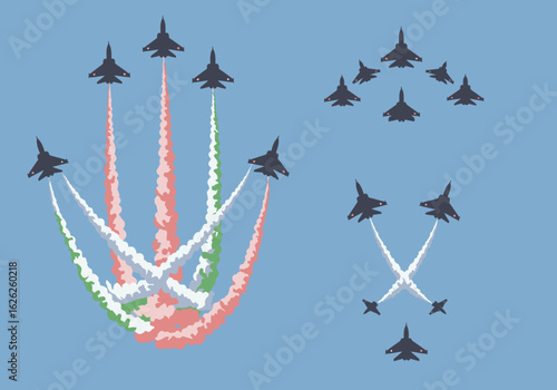 A collection of fighter jets performing complex aerobatic maneuvers in different formations with colorful smoke trails.