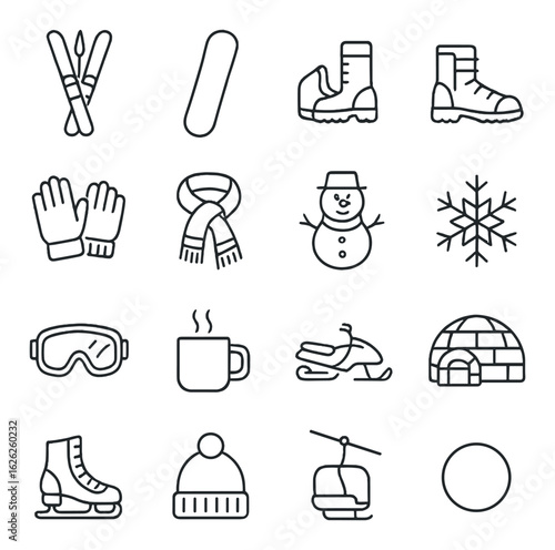 Winter icons set featuring sports equipment, clothing, and activities
