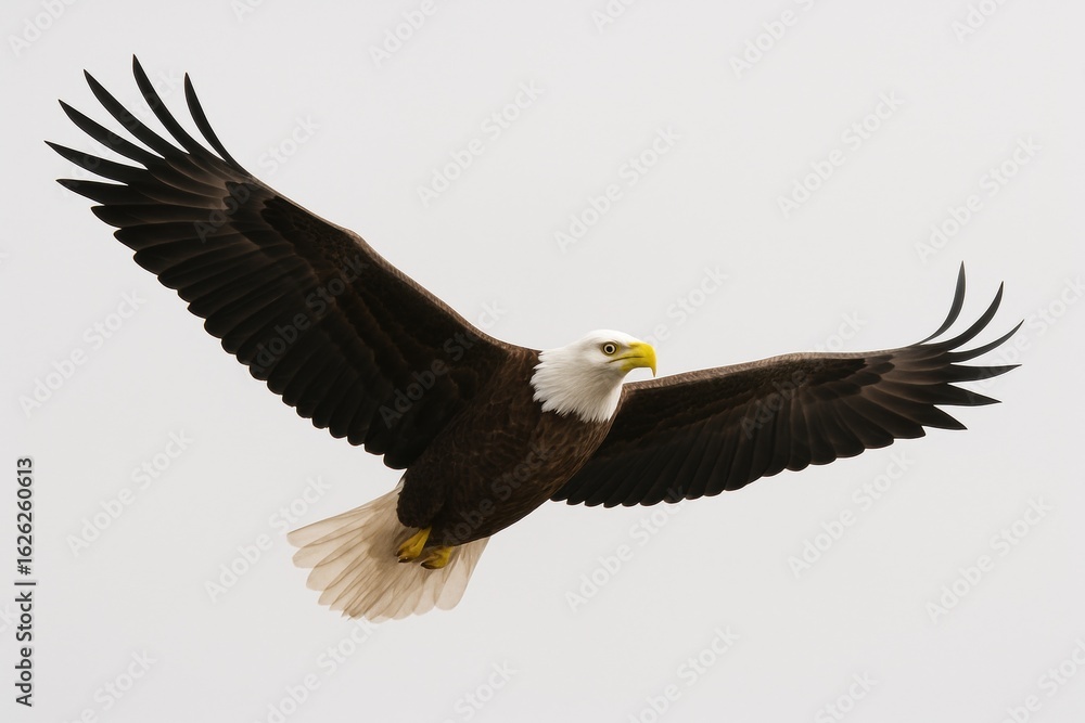 Naklejka premium A majestic bald eagle soars gracefully across a clear sky, wings fully extended, showcasing its powerful flight and the serene beauty of wild avian freedom