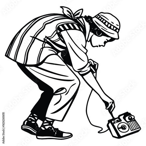 Vintage illustration of a photographer bent over adjusting antique camera equipment