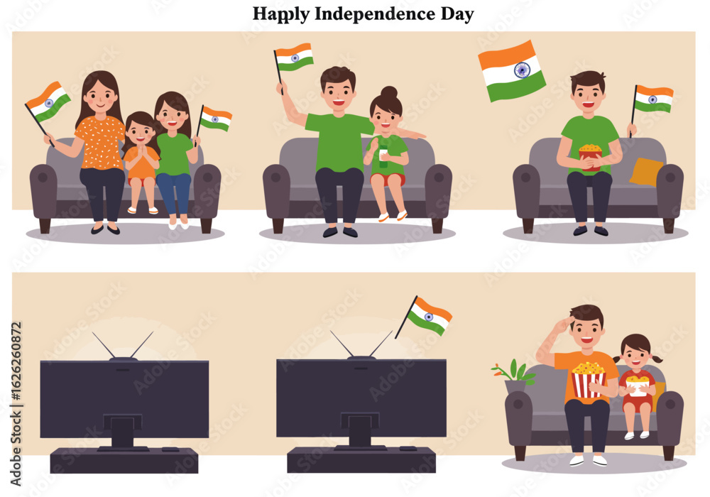 Fototapeta premium A family joyfully celebrates Independence Day, waving Indian flags and watching festivities on television together.