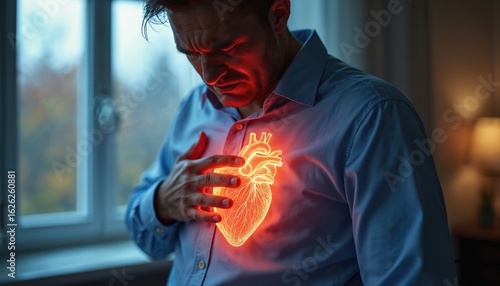 Man clutching chest experiences heart pain, cardiovascular issues. Glowing heart graphic emphasizes cardiac distress. Concerned expression highlights seriousness of chest discomfort, potential heart