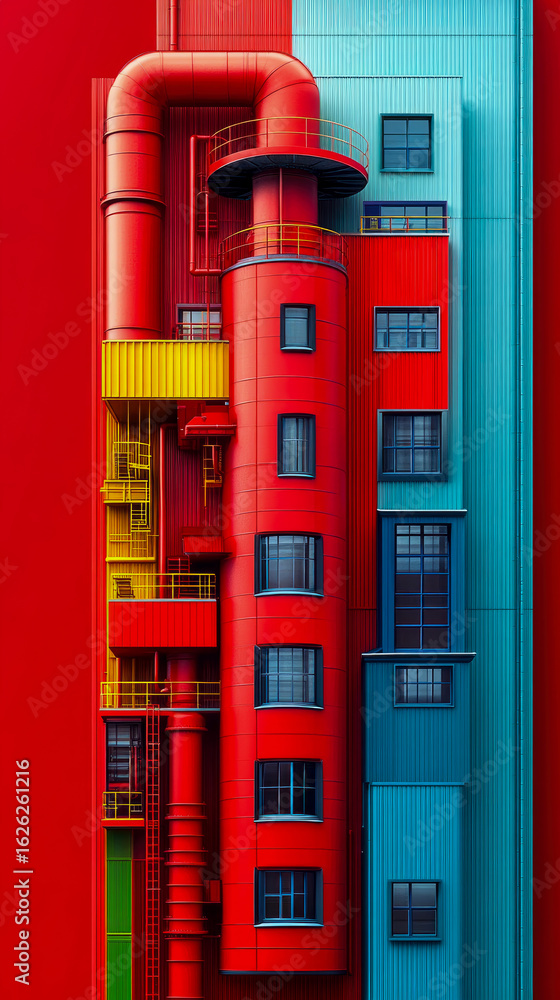 Obraz premium Dynamic Industrial Architecture with Primary Colors: A Striking Vertical Arrangement of Red Cylinders, Blue Paneling, and Yellow Walkways in a Modern Abstract Style