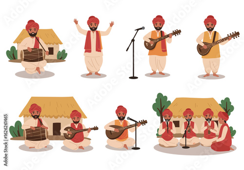 A collection of illustrations depicting Punjabi musicians playing traditional instruments and singing in rural settings.