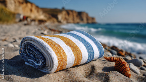 Rolled beach towel and shells seaside