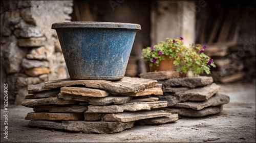 Rustic stone stacks with weathered planters outdoors