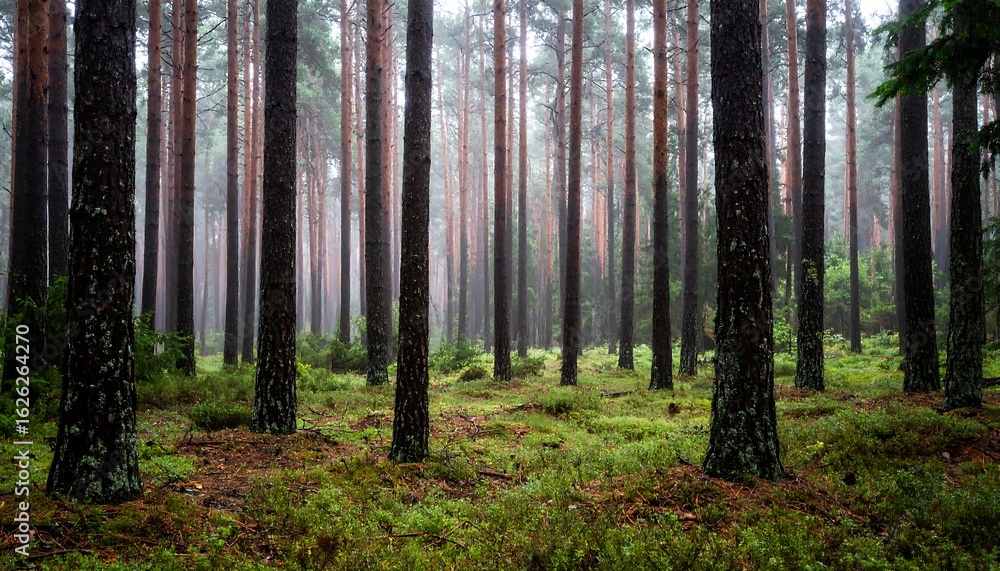Fototapeta premium Misty Pine Forest Tranquility: Tall Trees and Lush Groundcover