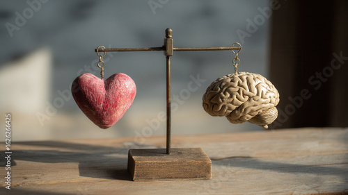 A balance of love and logic, heart and mind represented on a scale