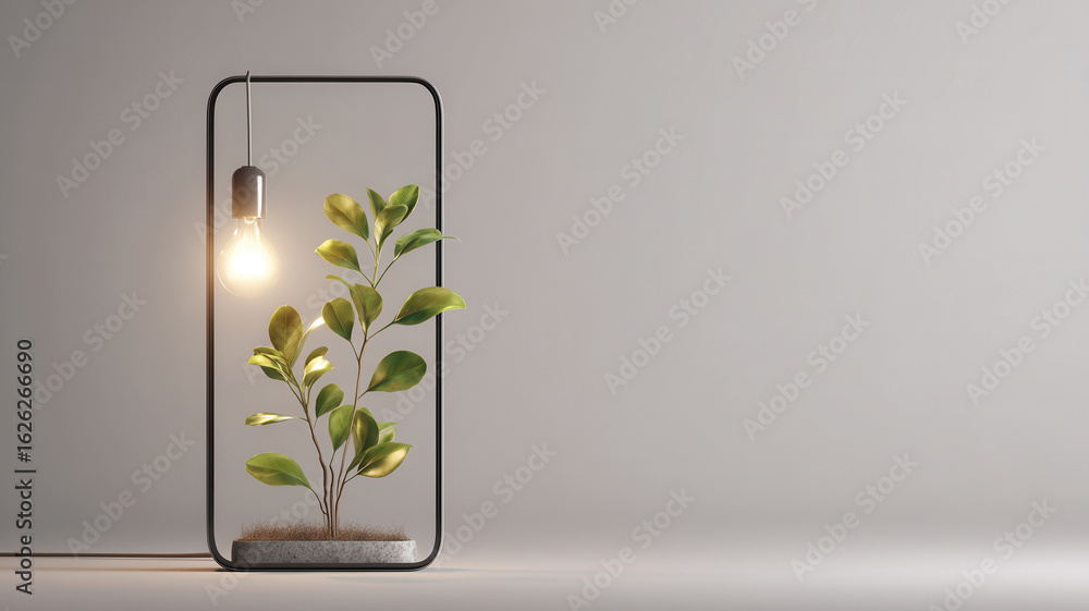 Fototapeta premium A conceptual image featuring a plant in a smartphone-shaped frame, illuminated by a light bulb