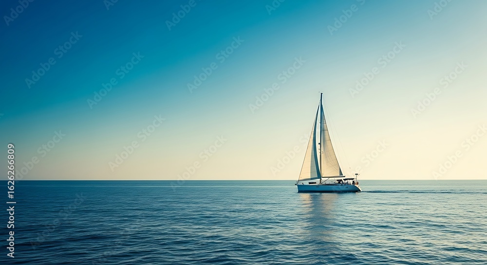 Naklejka premium Sailboat glides smoothly across the blue ocean under a clear azure sky on a sunny day