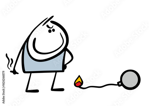 Treacherous stickman holds a burnt match and looks at the fuse from the bomb. vector illustration of a man setting fire to a cord, a bully and a terrorist. Isolated character on white background.
