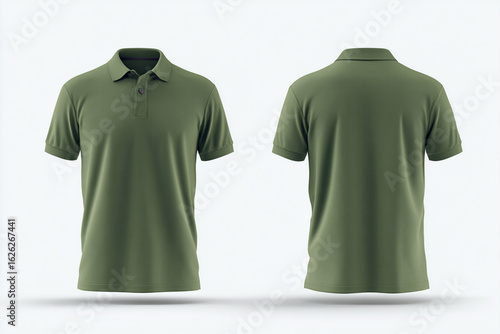 Elevate your mockup library with soft earthy green polo t shirt mock up template design featuring sporty details, front and back view display , and realistic cotton texture.