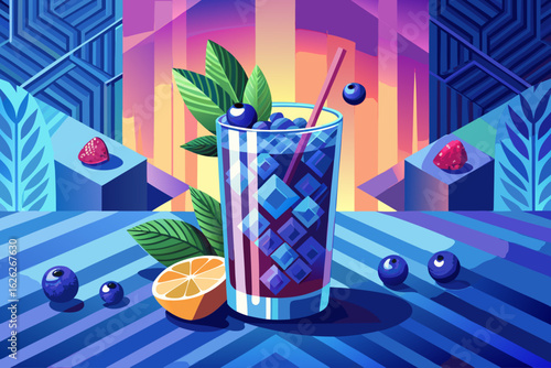 vector of Blueberry cocktail in a stylish glass with plenty of ice on a stylish table and contrasting background.