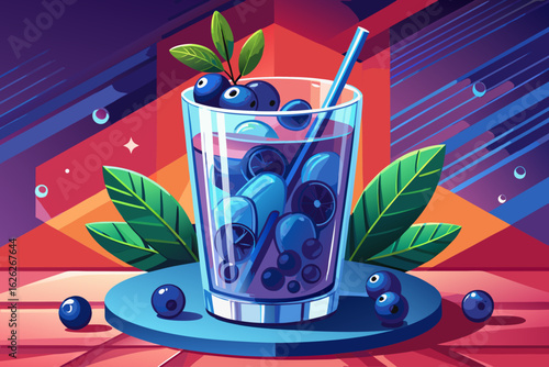 vector of Blueberry cocktail in a stylish glass with plenty of ice on a stylish table and contrasting background.