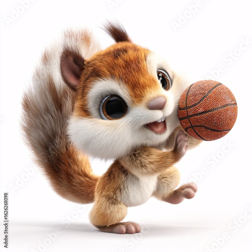 Cute 3D Cartoon Squirrel Playing Basketball in Fun Clipart Style on White Background