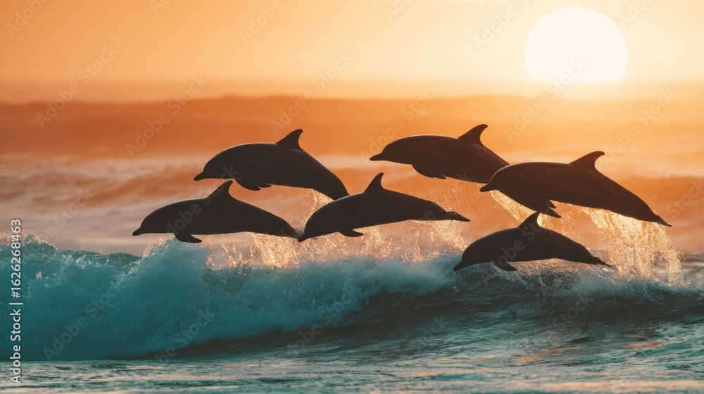 Fototapeta premium Dolphins leap over waves at sunset