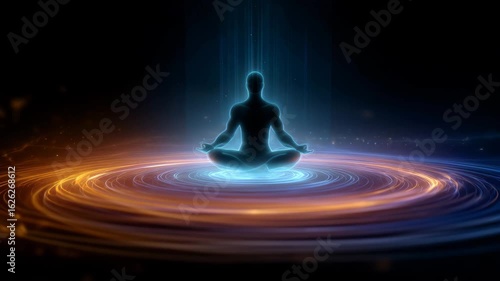 Serene spiritual yoga silhouette in meditation glowing with blue and orange energy light