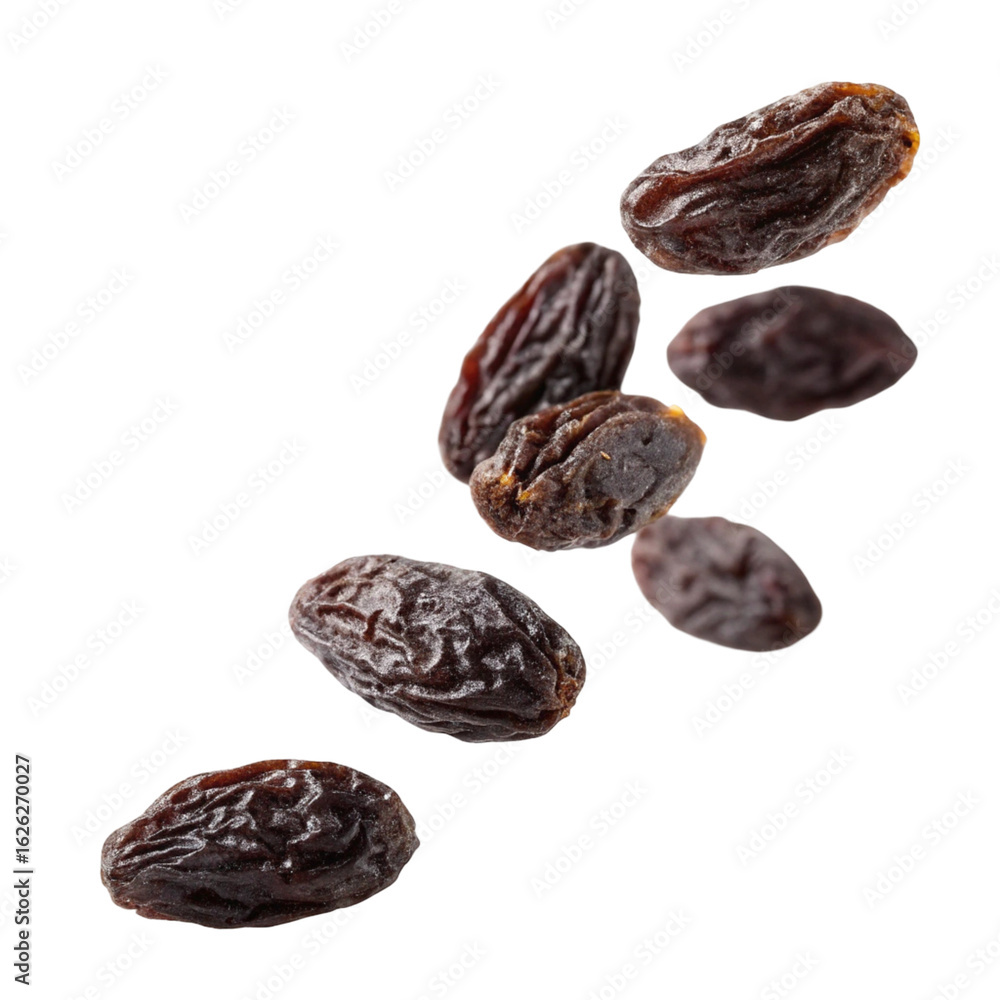 Obraz premium Falling raisins isolated on a transparent background
