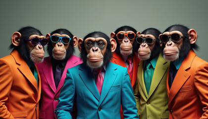 Six chimpanzees dressed in colorful suits, sunglasses pose together for stylish group portrait. Playful illustration captures trendy, fun, sophisticated animal fashion theme. Ideal for humorous