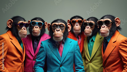 Six chimpanzees dressed in colorful suits, sunglasses pose together for stylish group portrait. Playful illustration captures trendy, fun, sophisticated animal fashion theme. Ideal for humorous