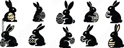 Black rabbits holding decorative Easter eggs in various poses bunny style vector illustration EPS file download	
