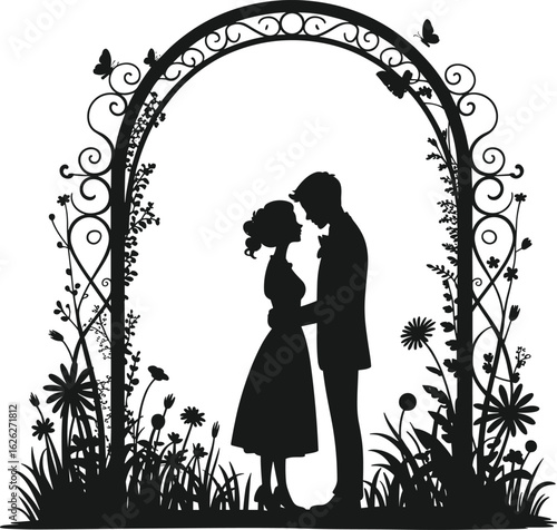 Romantic couple silhouette under floral arch, forever and always quote, black and white vector art, butterflies, garden love scene