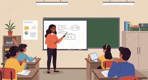 An engaging educational scene showing a dedicated teacher explaining a concept on a whiteboard to young, attentive elementary school students.