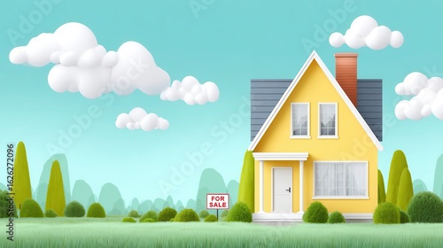Yellow home for sale cloudy sky