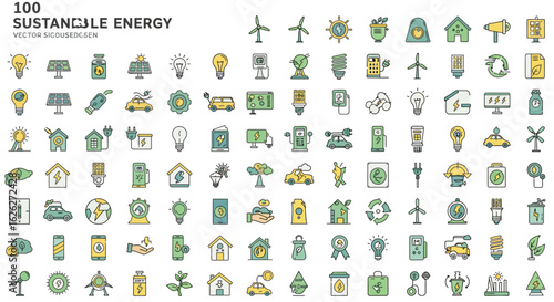 Sustainable energy and green technology icon set. Vector illustrations for eco-friendly power, electric transport, and renewable resources.